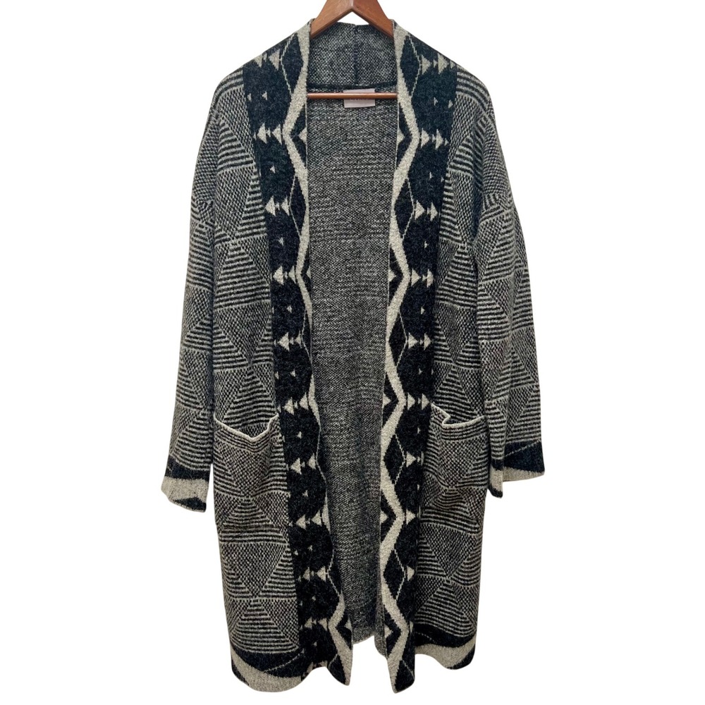 Cyrus Womens Longline Black White Geometric Southwestern Open Front‎ Cardigan M